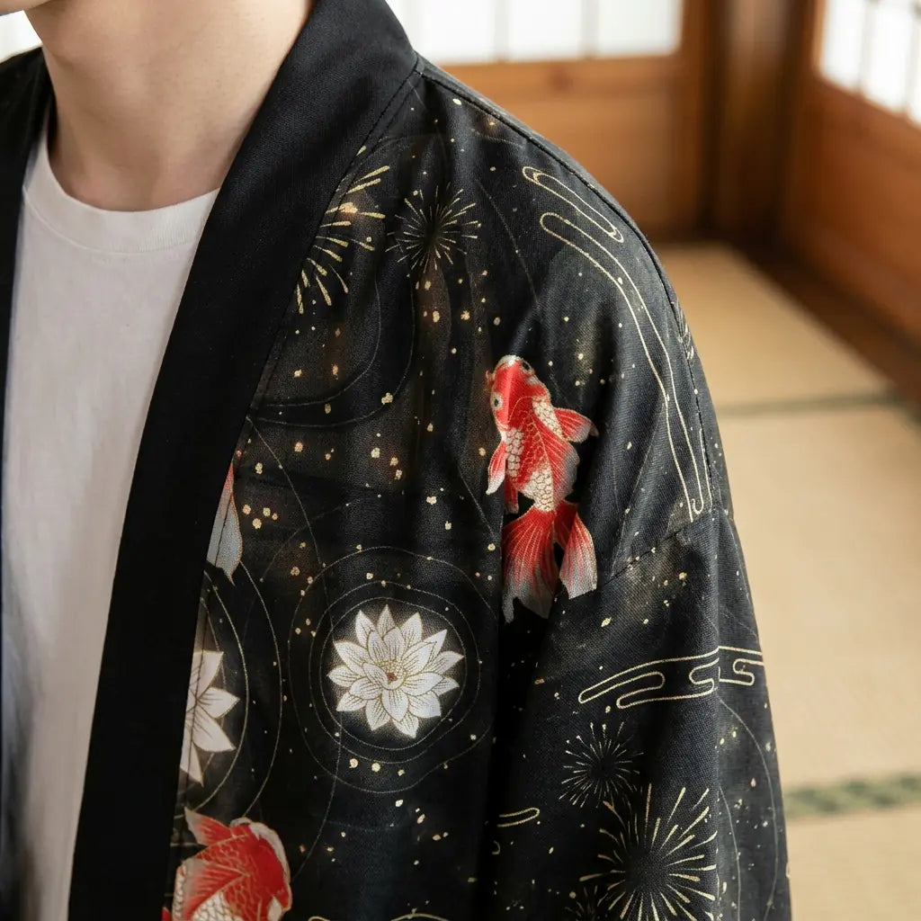 Close-up of the printed fabric and sleeve of a street haori