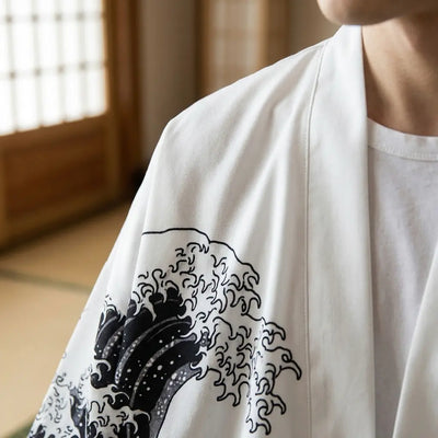 Close-up of the printed fabric and sleeve of a kimono dragon