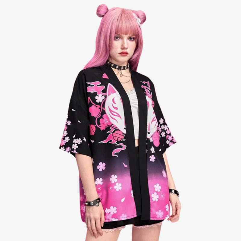 this kimono jacket is a black kimono Haori for woman with delicate fabric and traditional Japanese motifs printed with White kitsune and sakura flowers ideal for stylish layering.