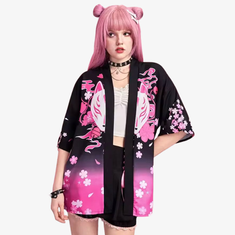 This kimono jacket is a Haori for women designed with traditional white Japanese fox mask, combining comfort and cultural elegance made with cotton and polyester