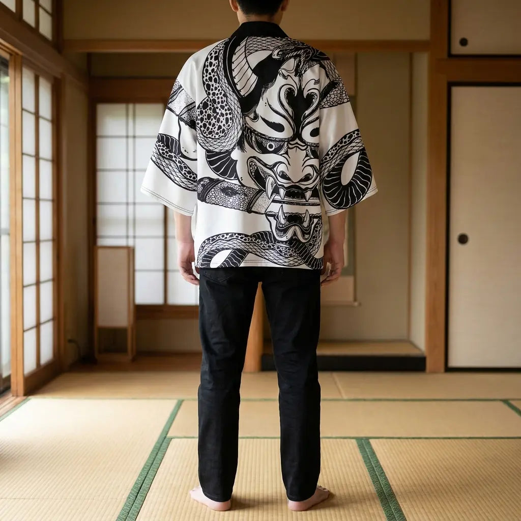 Back view of a hannya kimono in a washitsu room, showing the full back design