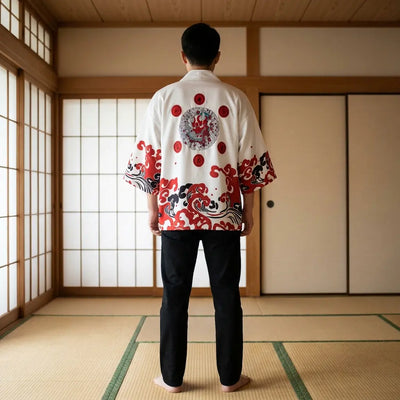 Back view of a red haori in a washitsu room, showing the full back design