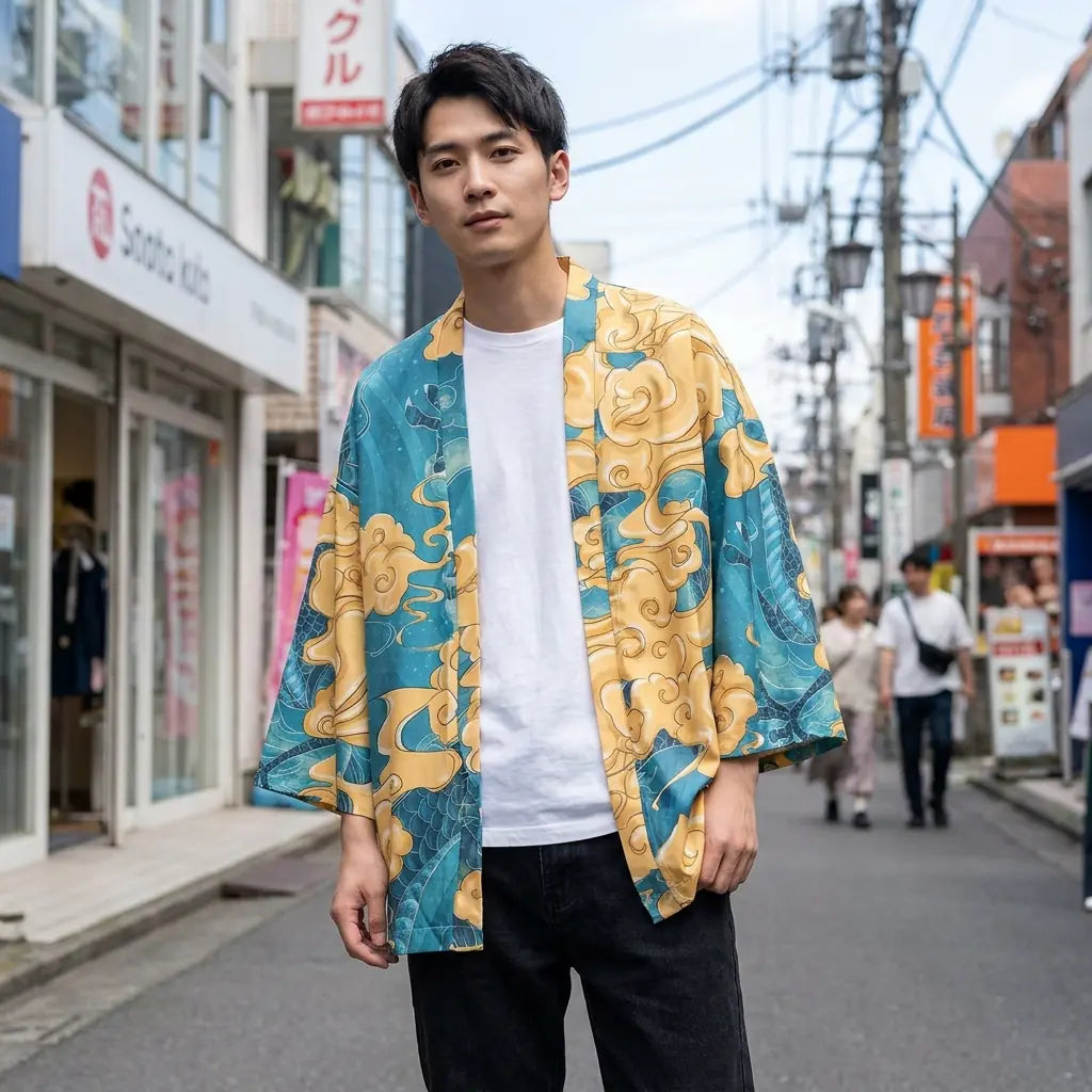 Man wearing a haori harajuku in a Harajuku street in Tokyo, front view