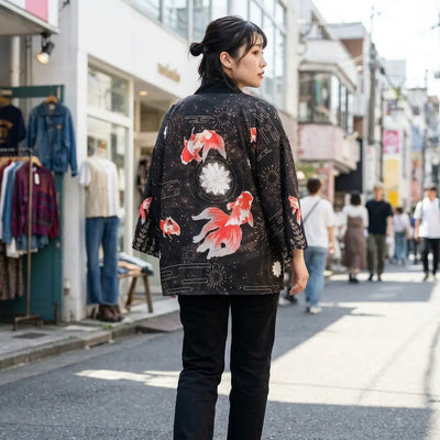 Woman seen from behind wearing a street haori in a Harajuku street