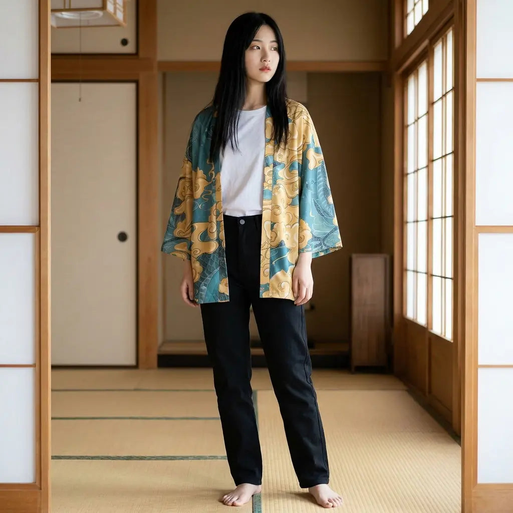 Woman wearing a haori harajuku in a washitsu room with tatami and shoji screens