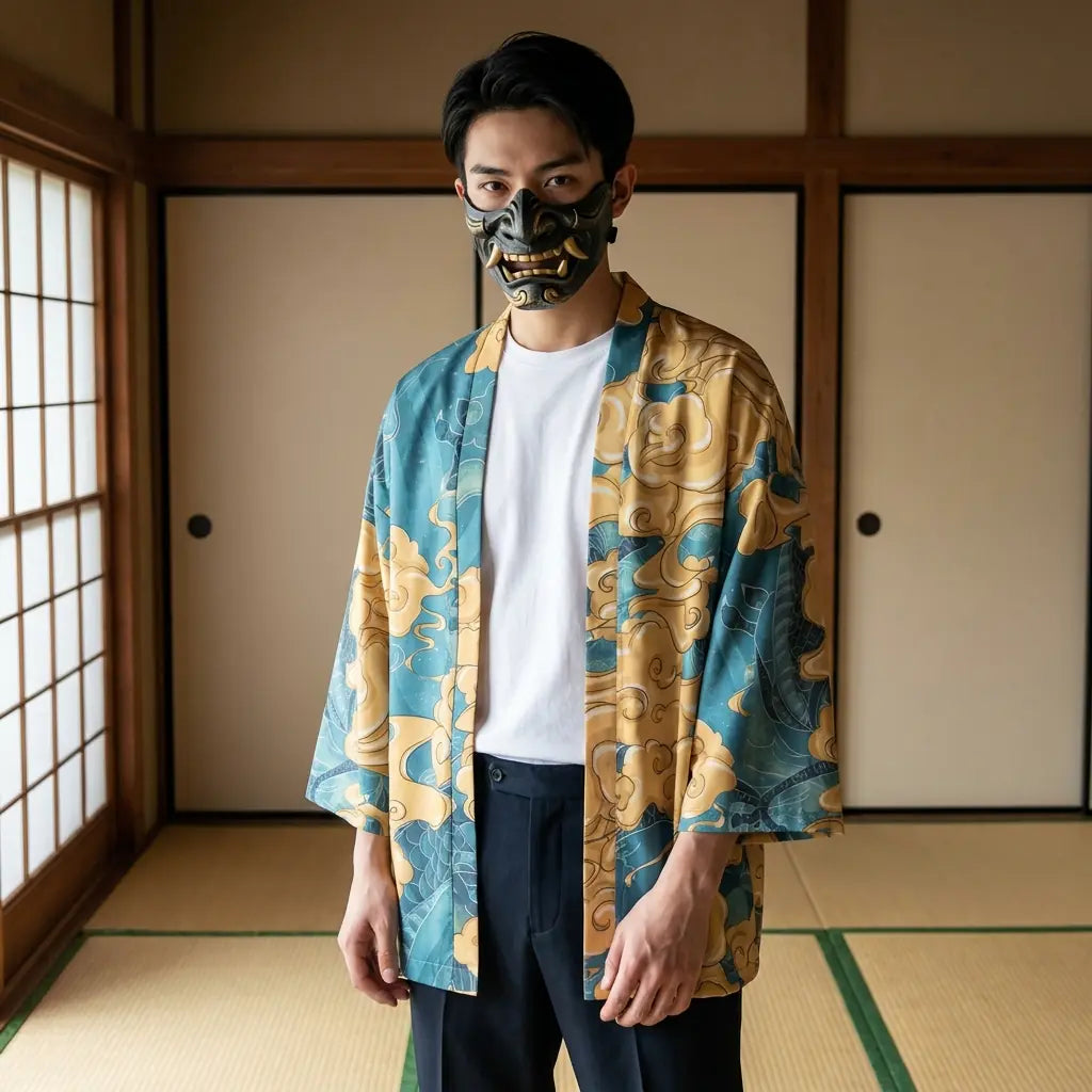 Man wearing a haori harajuku in a Japanese washitsu room with shoji screens, waist-up front view