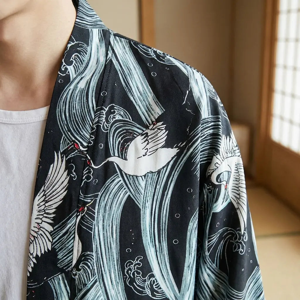 Close-up of the printed fabric and sleeve of a kimono style mens jacket