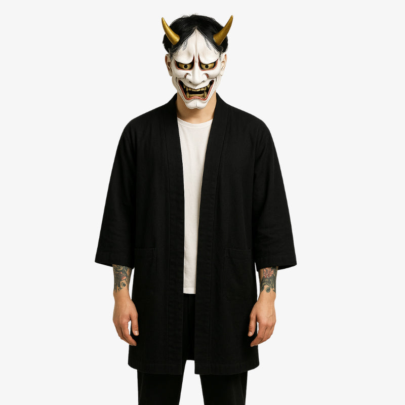 Black haori jacket for men with a minimalist, flowing silhouette, ideal for a refined and understated Japanese look. The man wears a white hannya mask