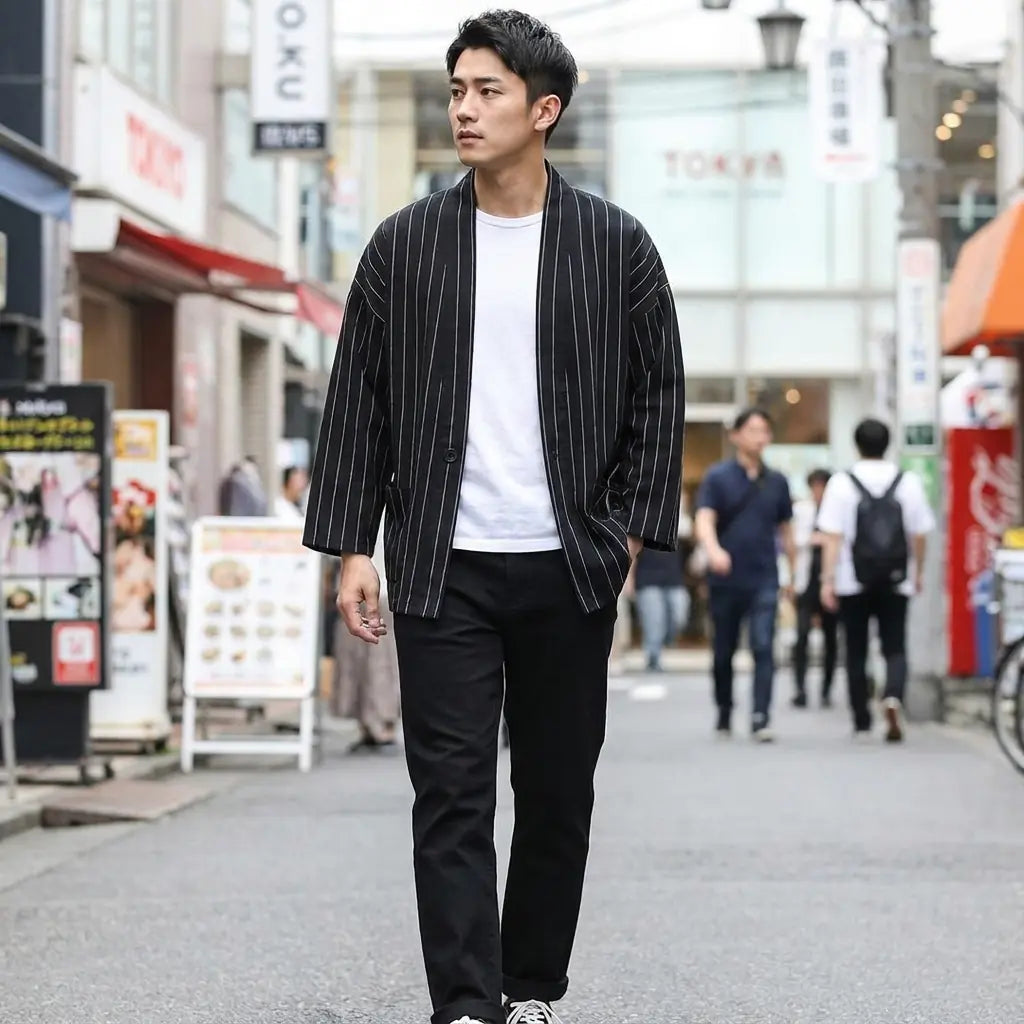 Man wearing a haori jacket men in a Harajuku street in Tokyo, front view