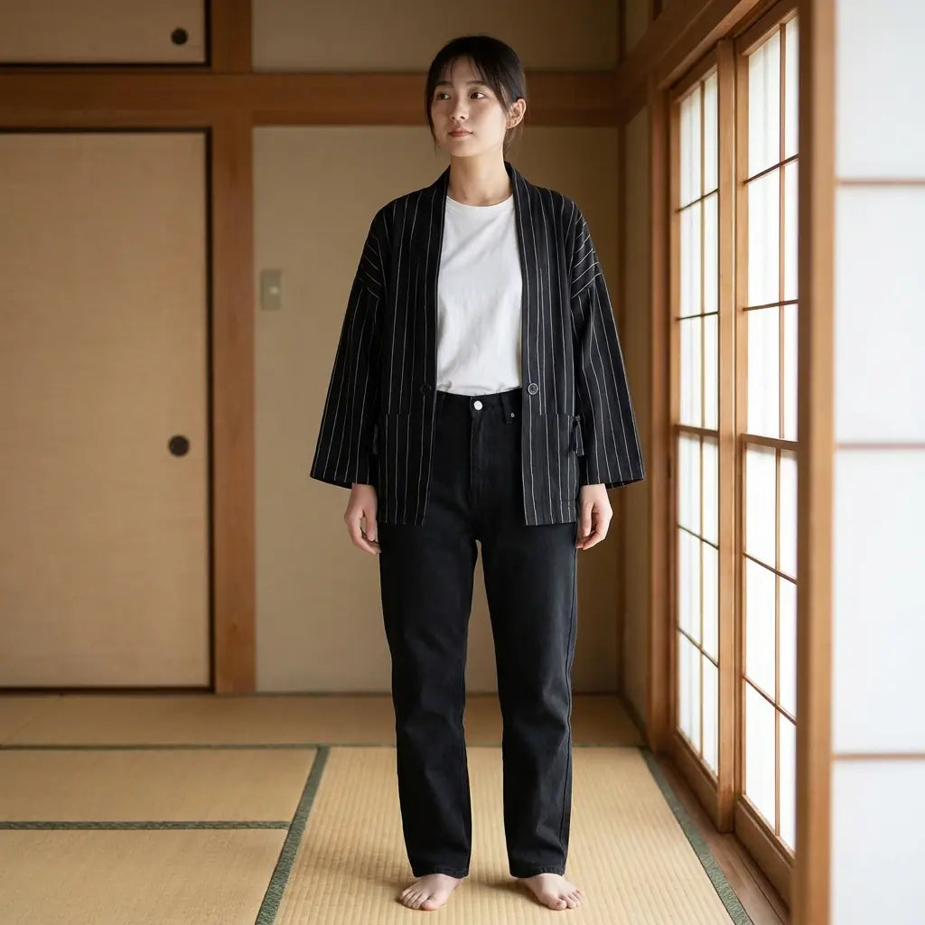 Woman wearing a haori jacket men in a washitsu room with tatami and shoji screens
