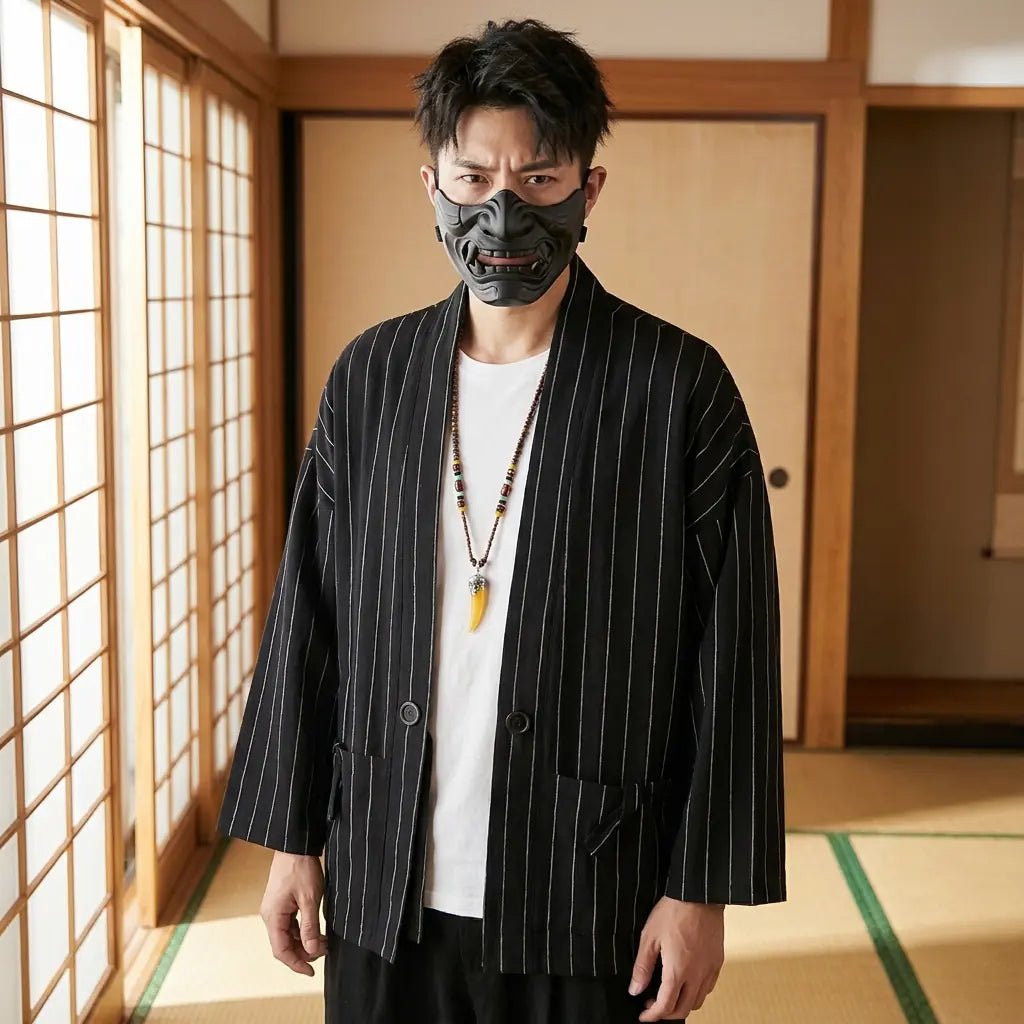 Man wearing a haori jacket men in a Japanese washitsu room with shoji screens, waist-up front view