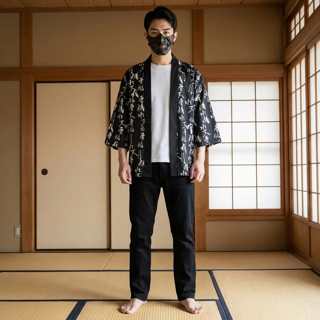 Man wearing a japanese haori jacket in a traditional Japanese washitsu room, front view