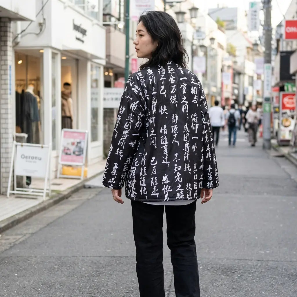 Woman seen from behind wearing a japanese haori jacket in a Harajuku street