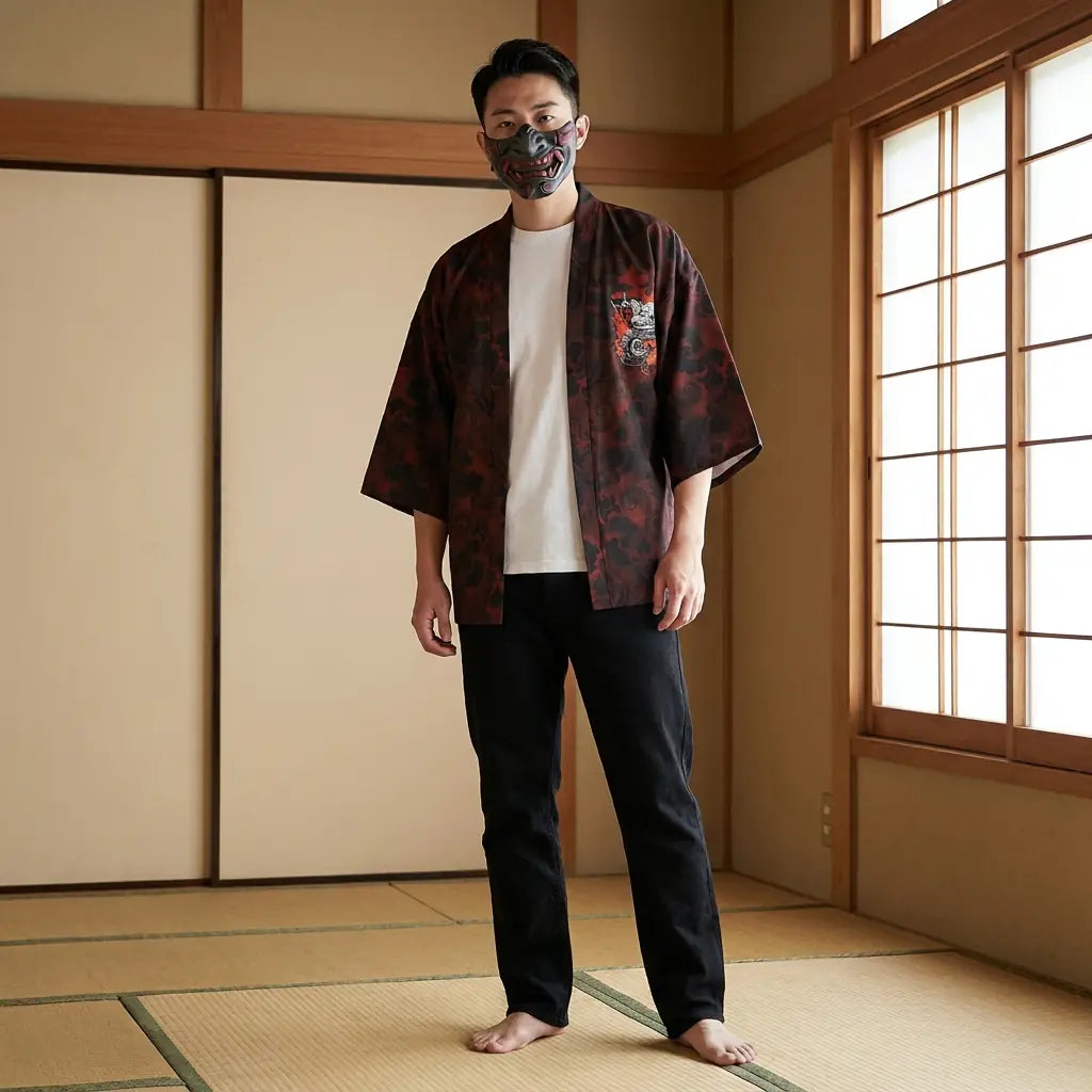 Man wearing a samurai jacket in a traditional Japanese washitsu room, front view