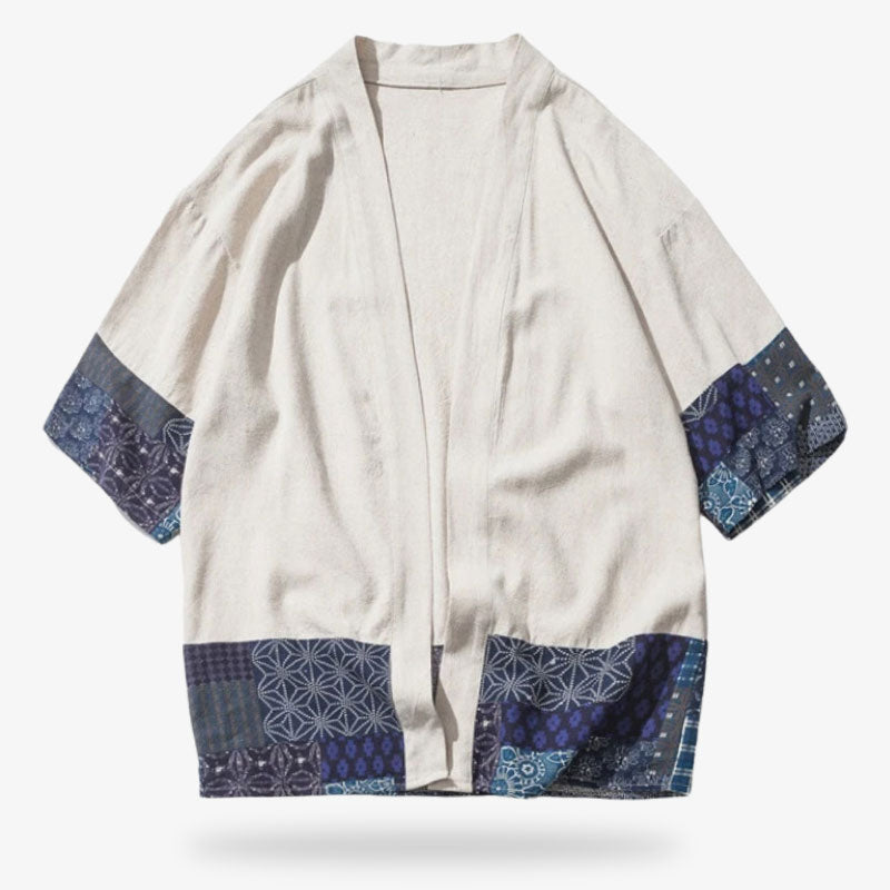 A haori kimono cardigan short with sleeves printed with geometric Japanese motifs