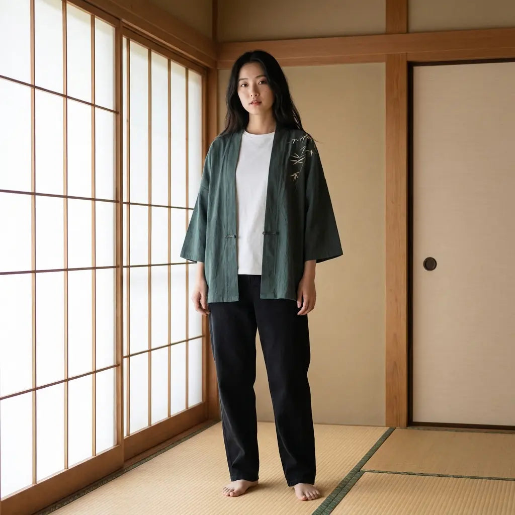 Woman wearing a haori kimono cardigan in a washitsu room with tatami and shoji screens