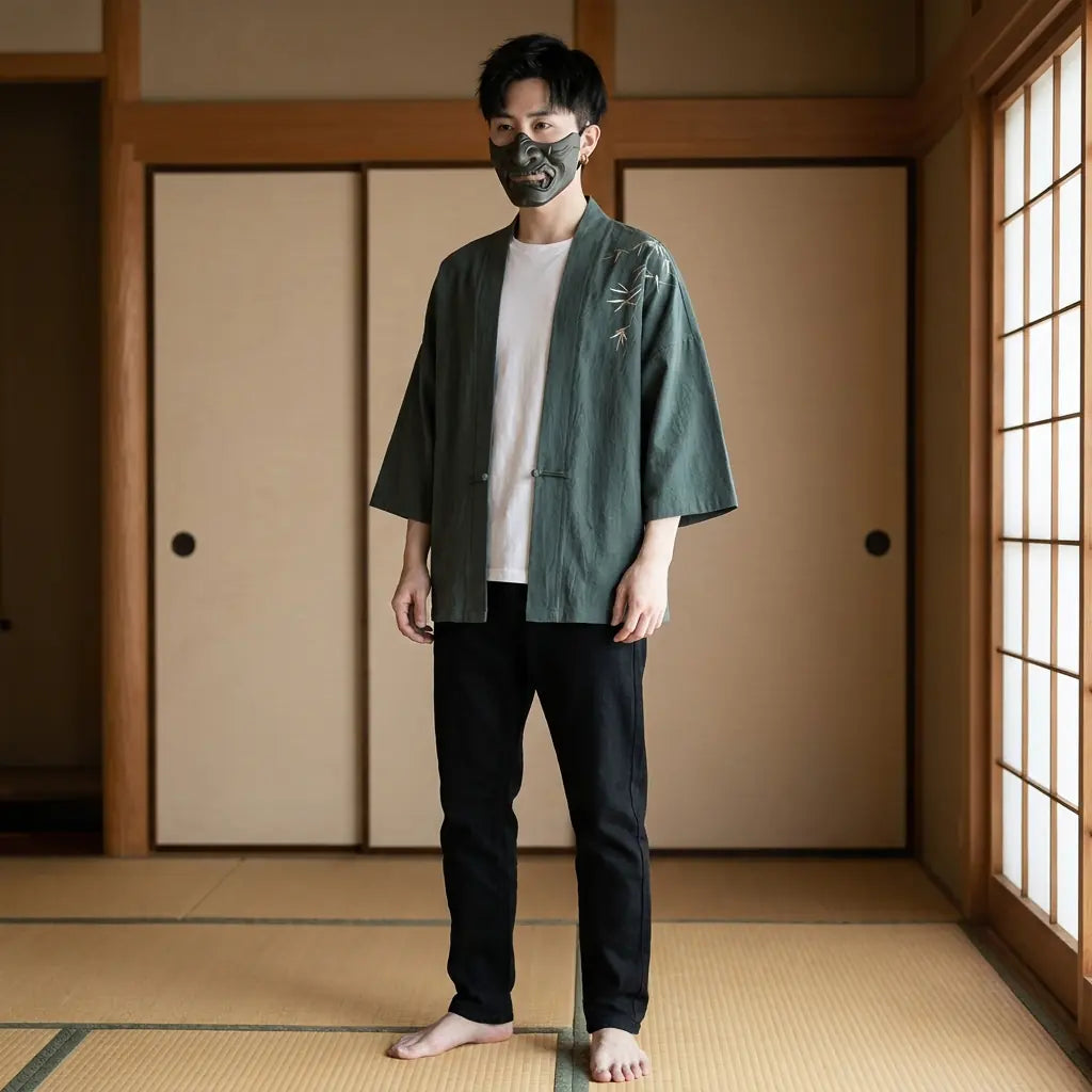 Man wearing a haori kimono cardigan in a traditional Japanese washitsu room, front view