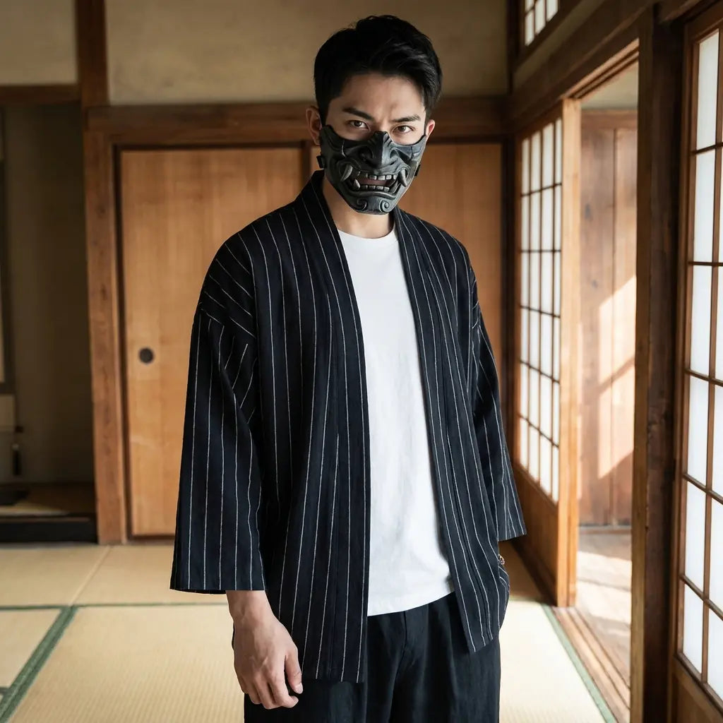 Man wearing a haori kimono jacket mens in a Japanese washitsu room with shoji screens, waist-up front view