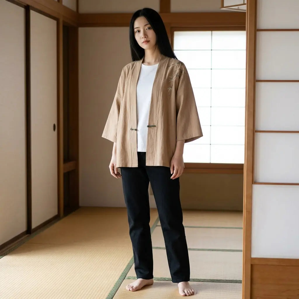 Woman wearing a haori kimono jacket in a washitsu room with tatami and shoji screens