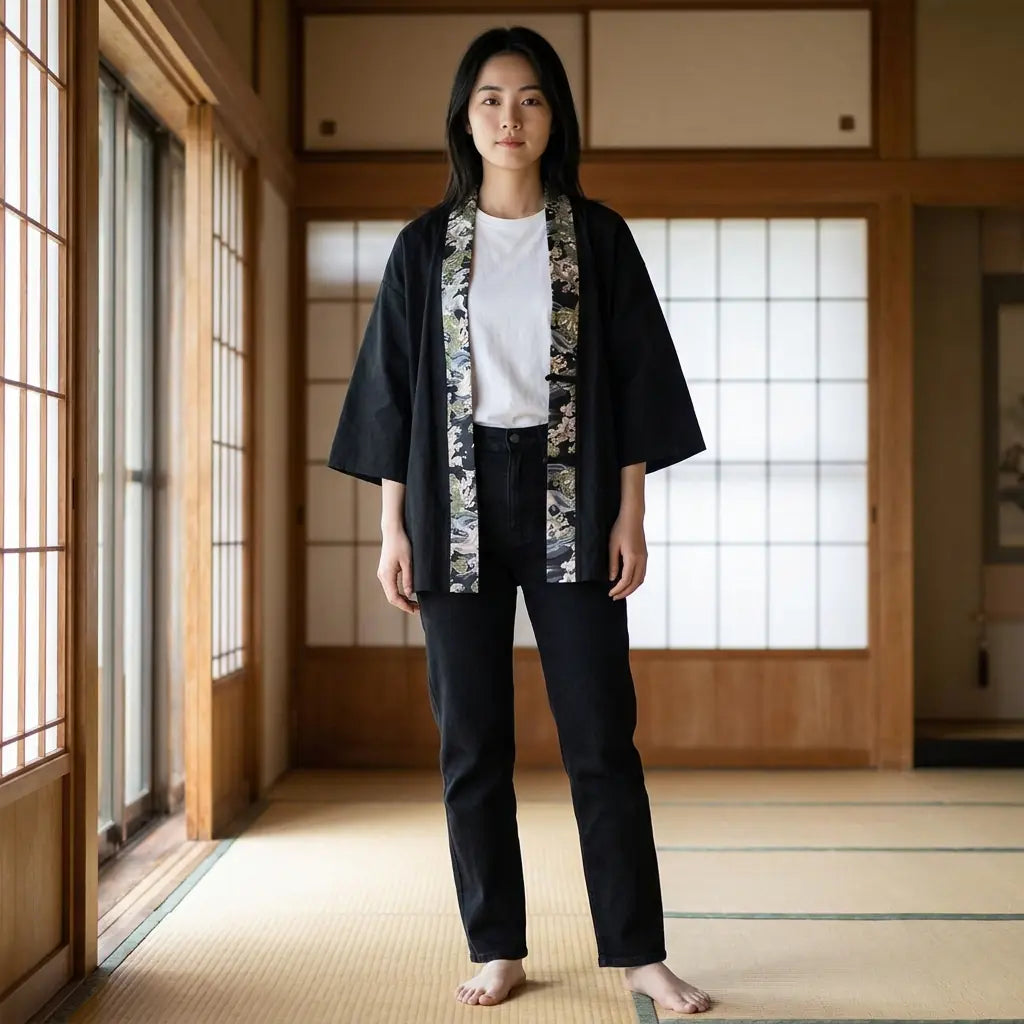 Woman wearing a japanese kimono haori in a washitsu room with tatami and shoji screens