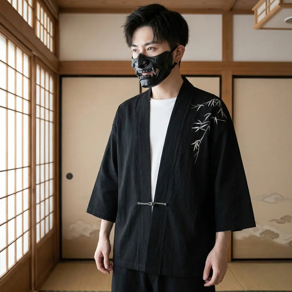 Man wearing a haori kimono in a Japanese washitsu room with shoji screens, waist-up front view