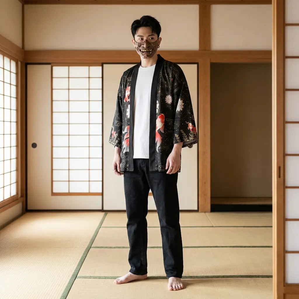 Man wearing a street haori in a traditional Japanese washitsu room, front view