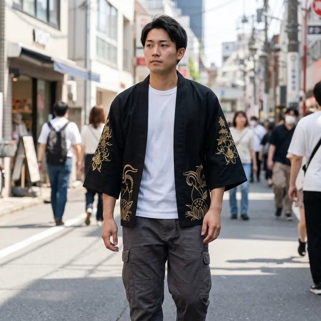 Man wearing a haori pattern in a Harajuku street in Tokyo, front view