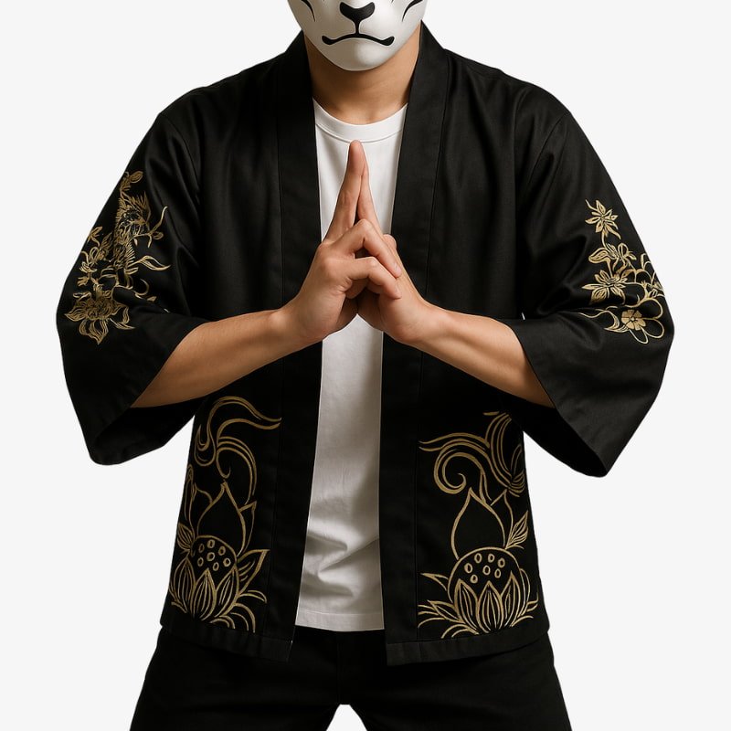 a man is dressed with Haori pattern with traditional Japanese motifs, ideal for a japanese outfit inspired by manga, and recreating authentic Japanese jackets with a flowers sakura