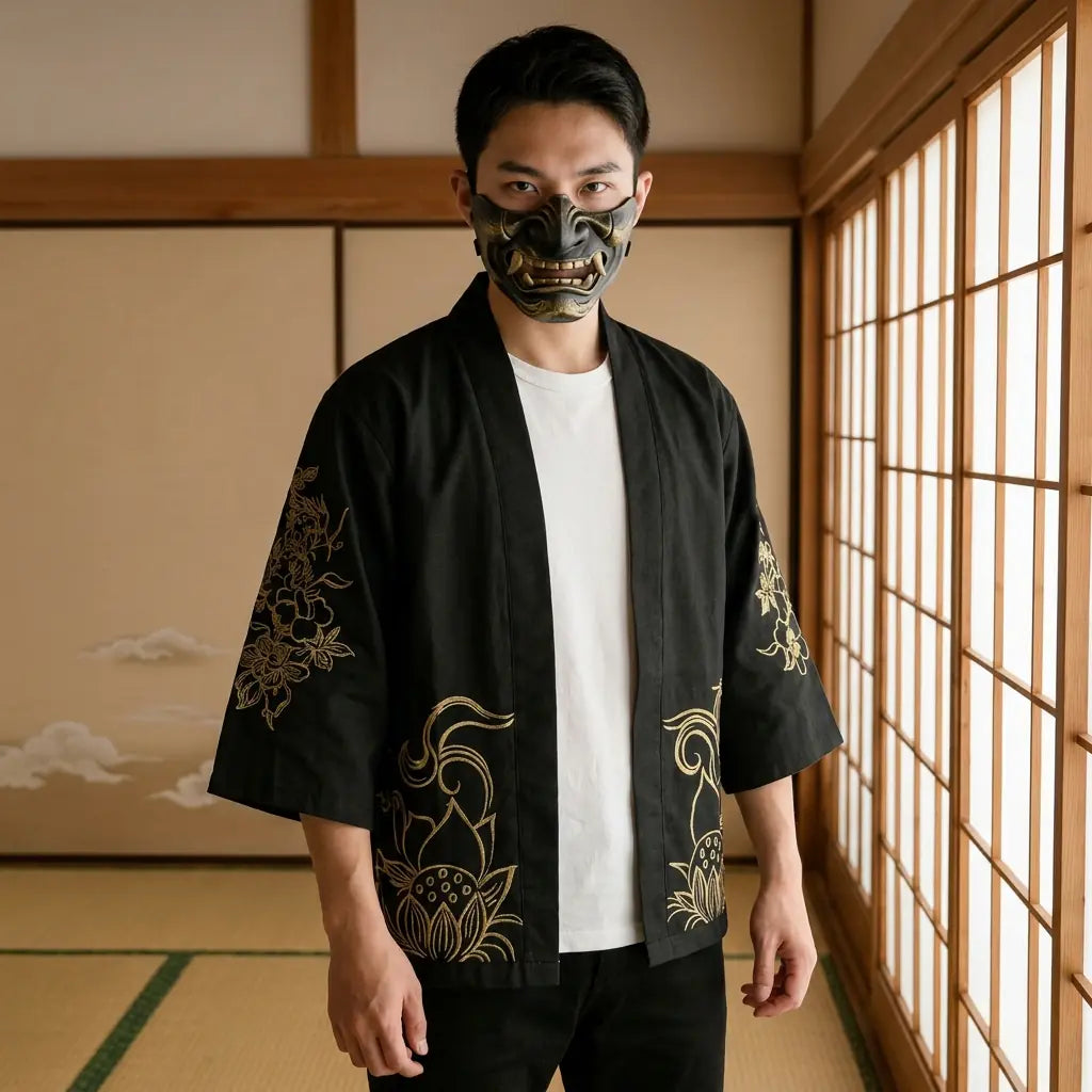 Man wearing a haori pattern in a Japanese washitsu room with shoji screens, waist-up front view