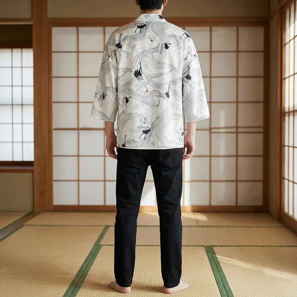 Back view of a white haori in a washitsu room, showing the full back design