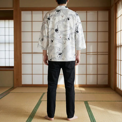 Back view of a white haori in a washitsu room, showing the full back design