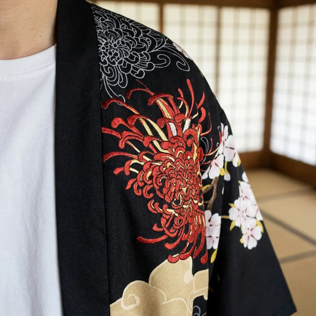 Close-up of the printed fabric and sleeve of a kimono jacket haori