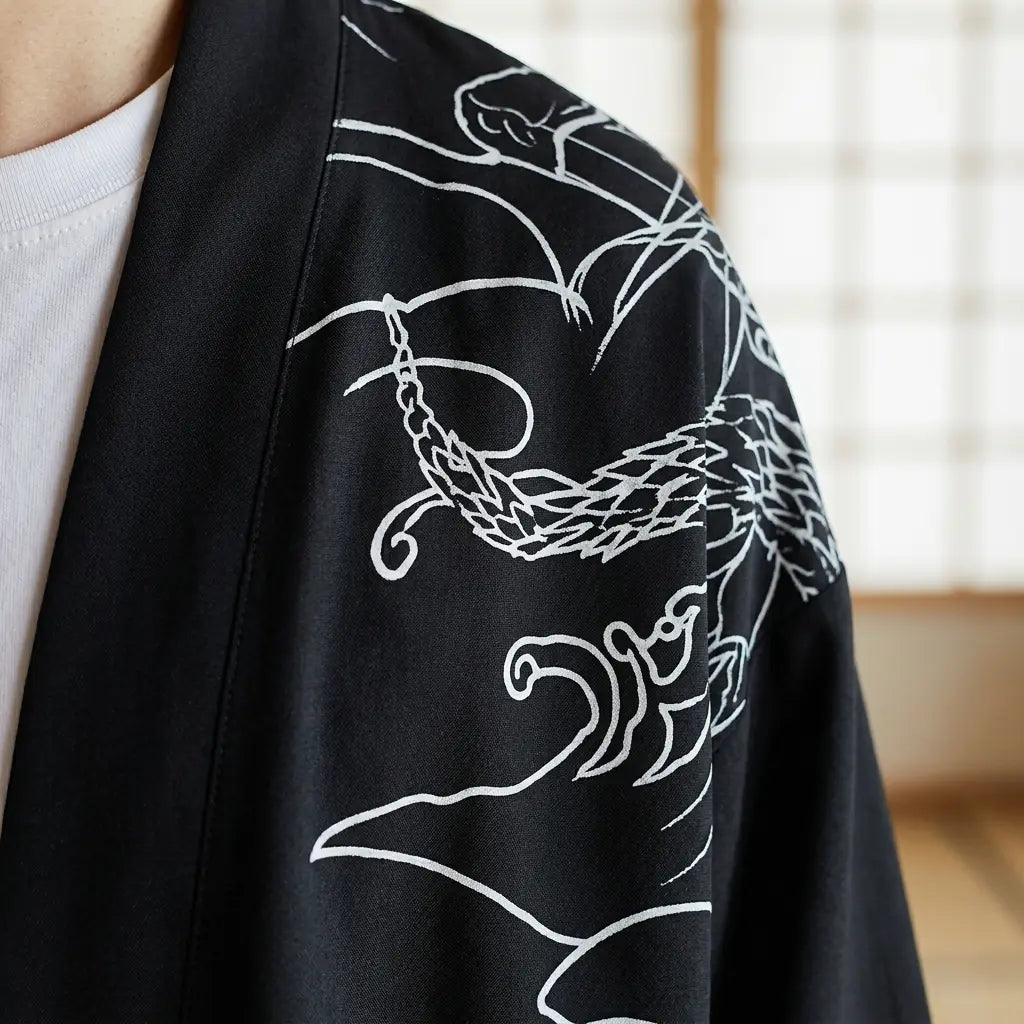 Close-up of the printed fabric and sleeve of a japanese haori kimono
