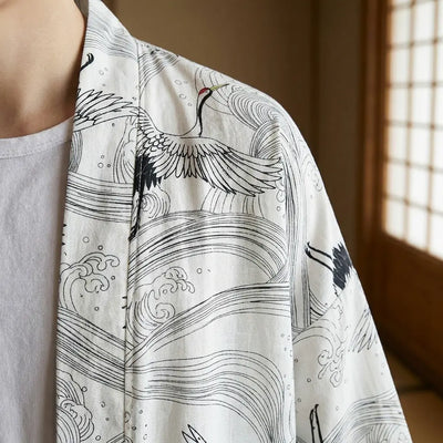 Close-up of the printed fabric and sleeve of a white haori