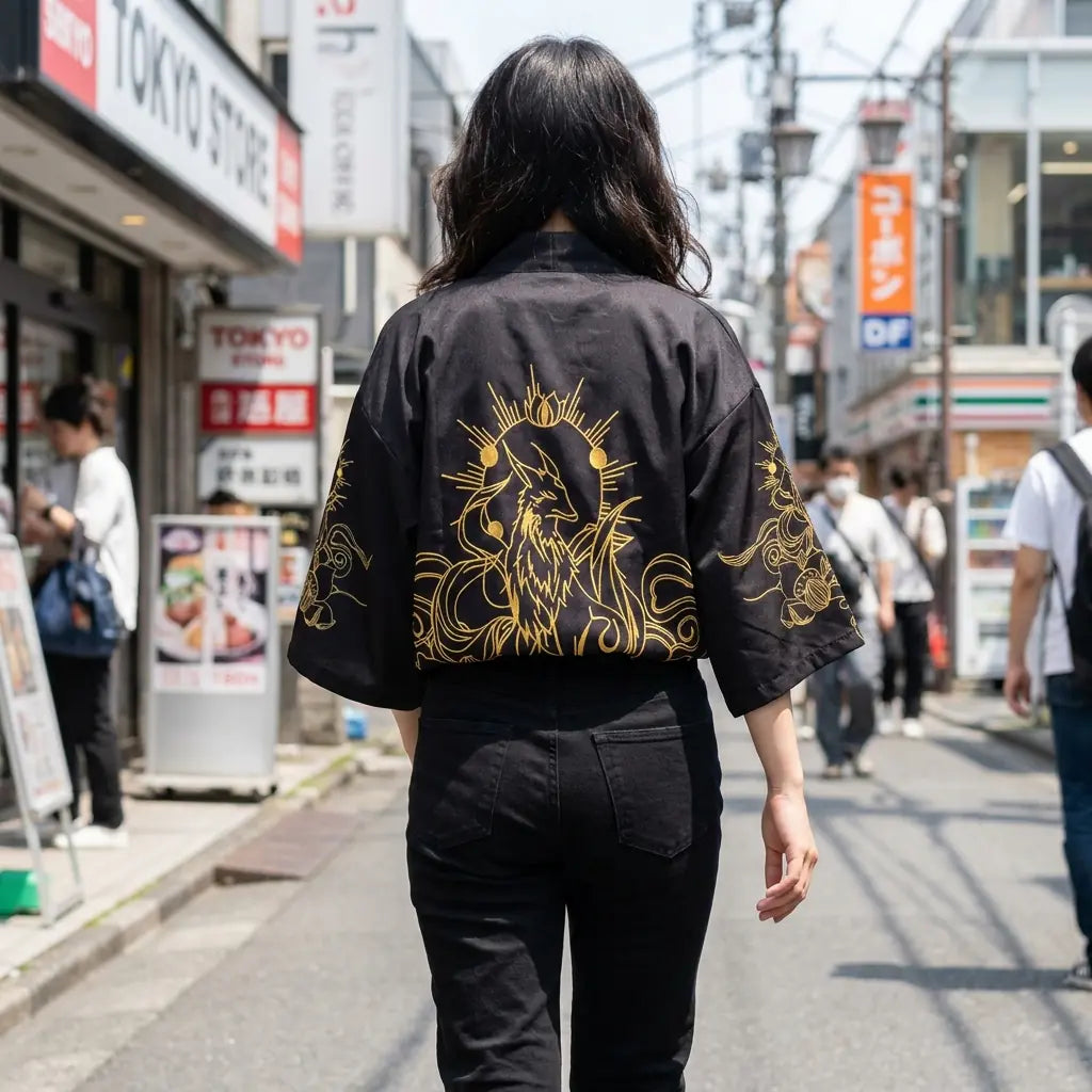 Woman seen from behind wearing a haori pattern in a Harajuku street