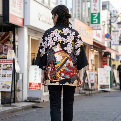 Woman seen from behind wearing a kimono jacket haori in a Harajuku street