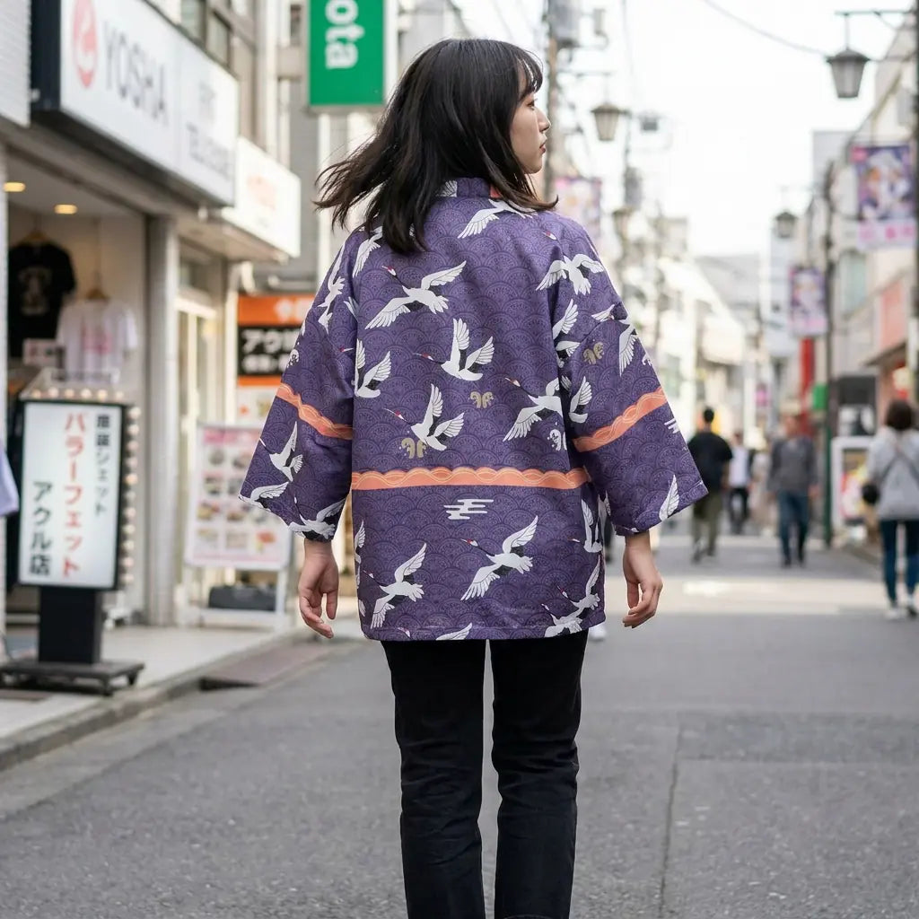 Woman seen from behind wearing a haori tokyo in a Harajuku street