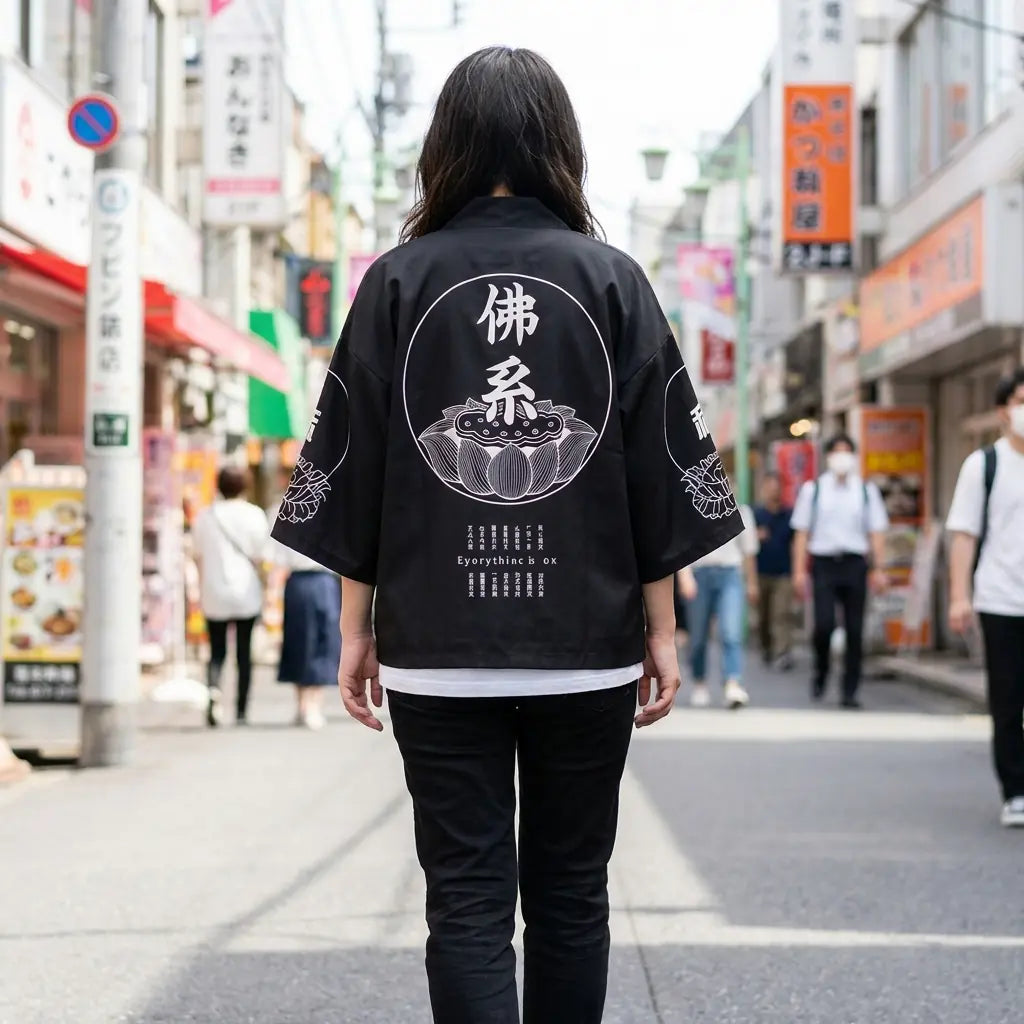 Woman seen from behind wearing a haori style jacket in a Harajuku street