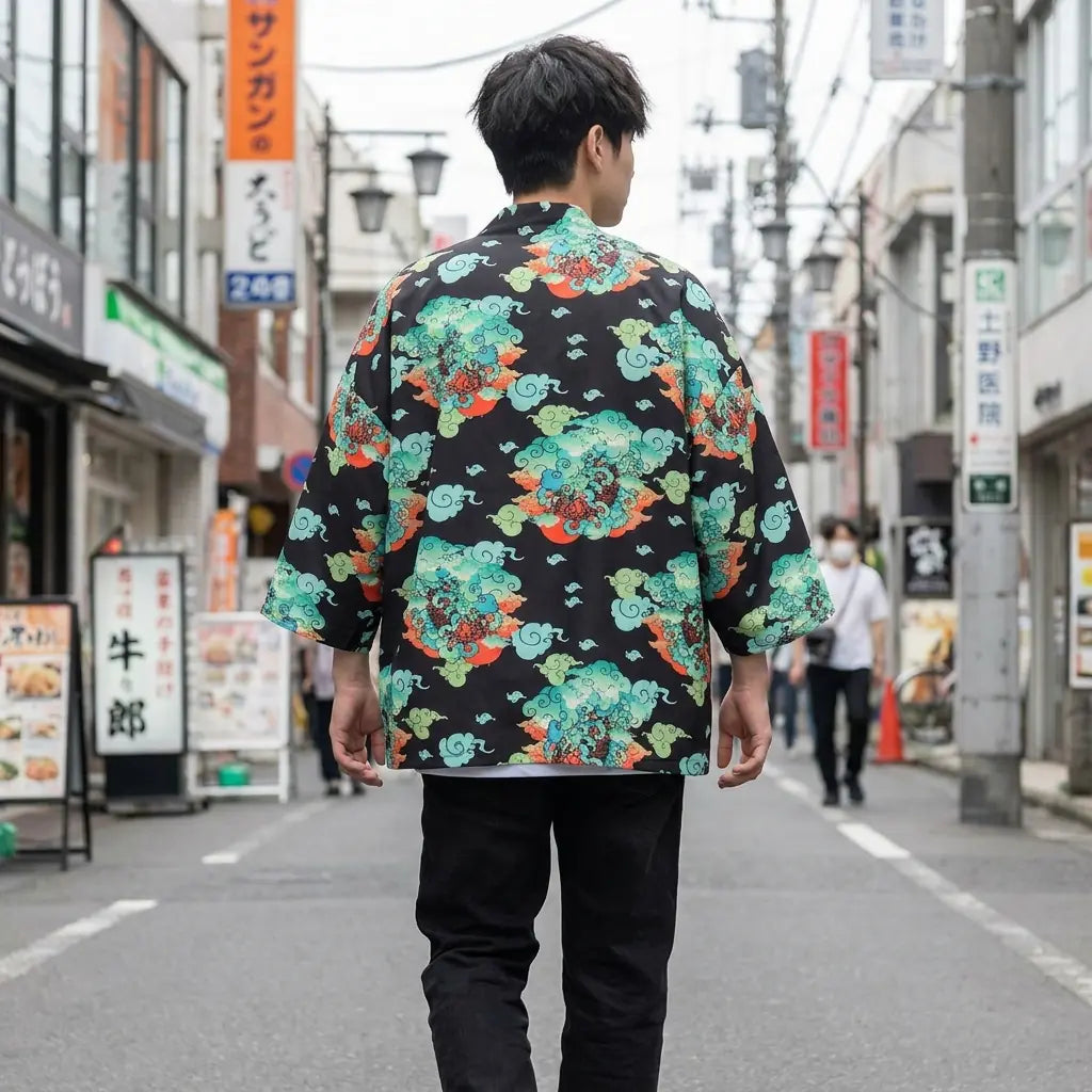 Back view of a haori streetwear worn in a Harajuku street, showing the full print