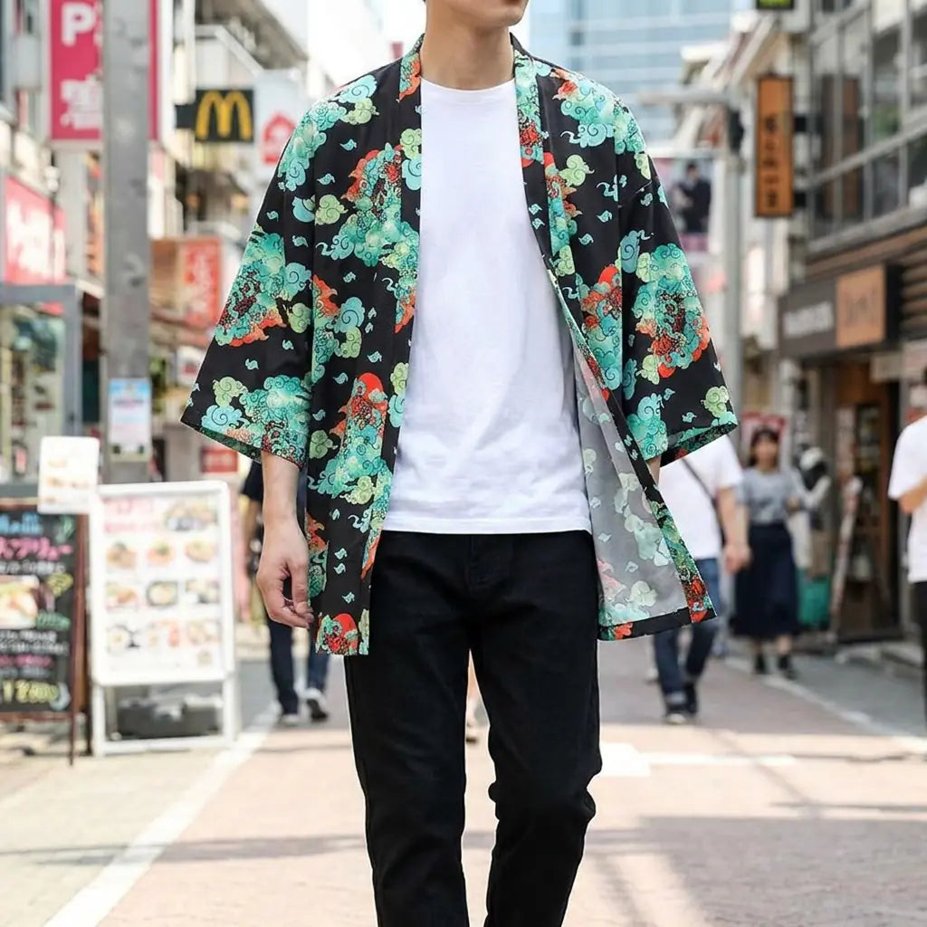 Man wearing a haori streetwear in a Harajuku street in Tokyo, front view