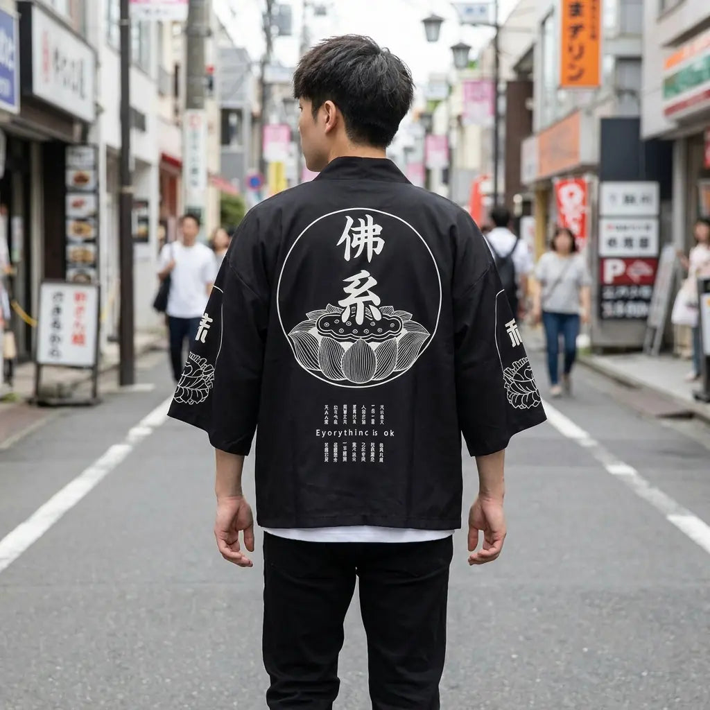 Back view of a haori style jacket worn in a Harajuku street, showing the full print