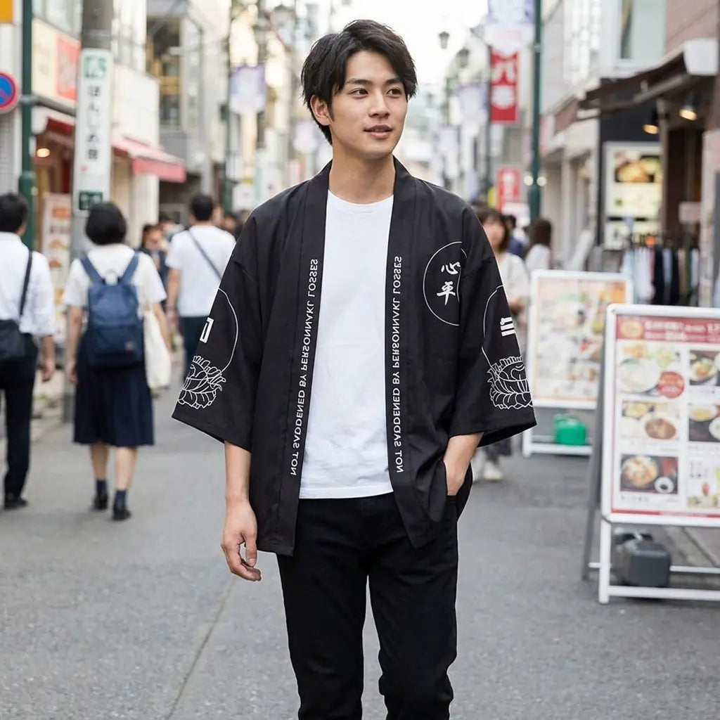 Man wearing a haori style jacket in a Harajuku street in Tokyo, front view