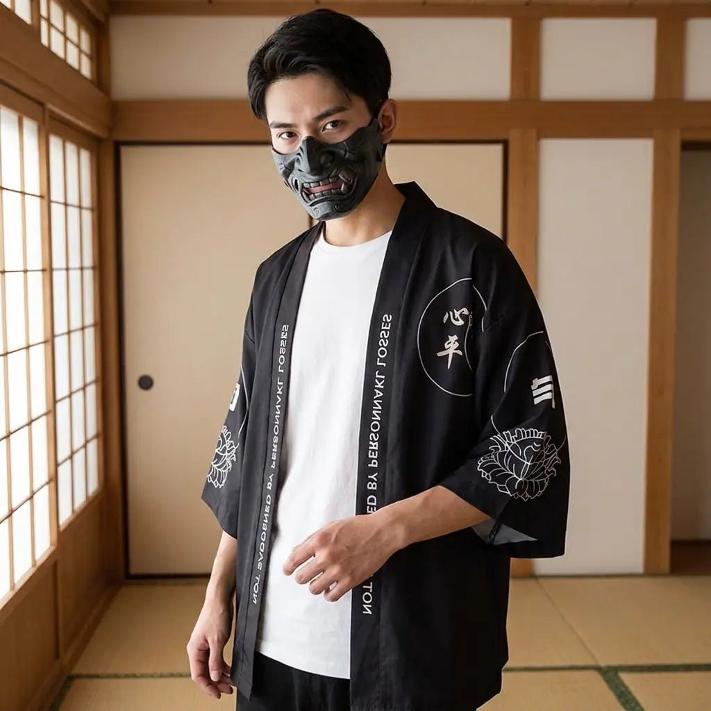 Man wearing a haori style jacket in a Japanese washitsu room with shoji screens, waist-up front view