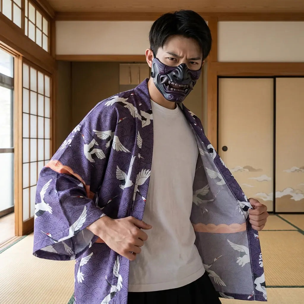 Man wearing a haori tokyo in a Japanese washitsu room with shoji screens, waist-up front view