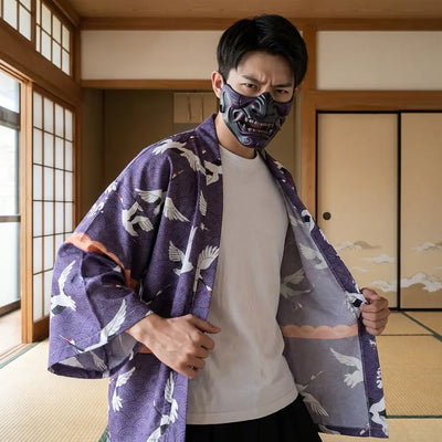 Man wearing a haori tokyo in a Japanese washitsu room with shoji screens, waist-up front view