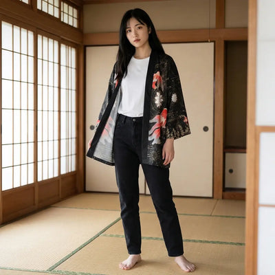Woman wearing a street haori in a washitsu room with tatami and shoji screens