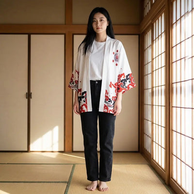 Woman wearing a red haori in a washitsu room with tatami and shoji screens