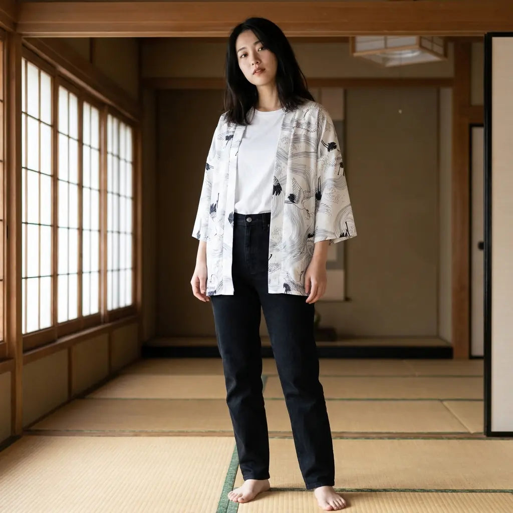 Woman wearing a white haori in a washitsu room with tatami and shoji screens