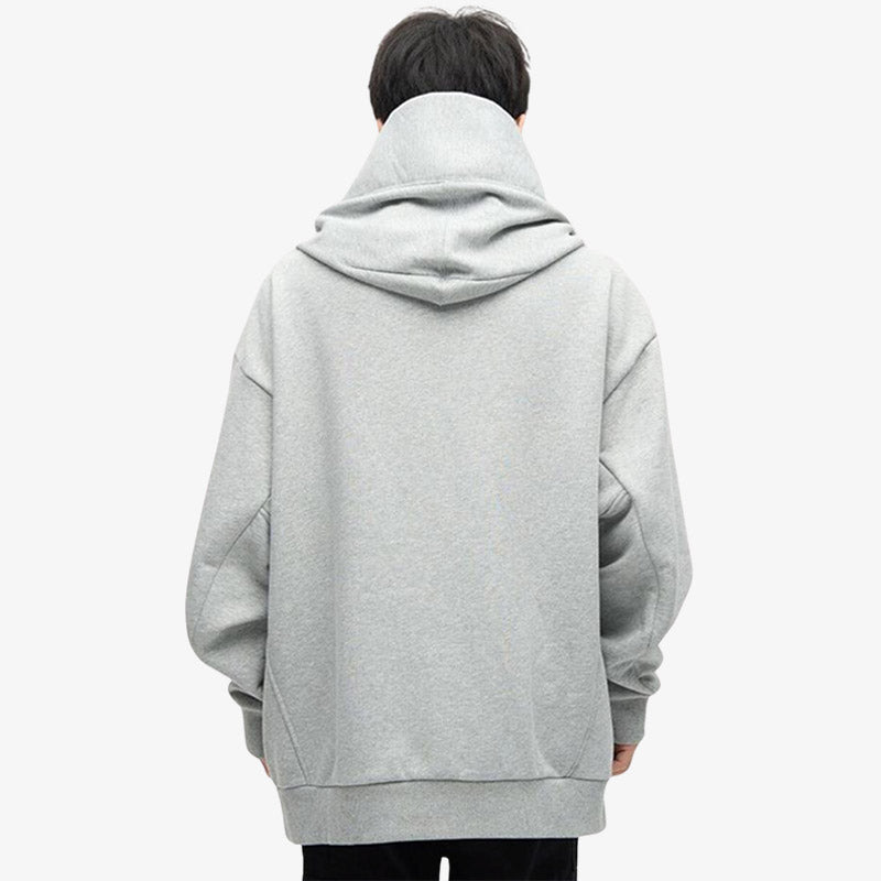 a japanese is dressed with Harajuku fashion hoodies men designed with minimalist grey color, durable fabric, perfect for a trendy and fashionable Japanese streetwear style