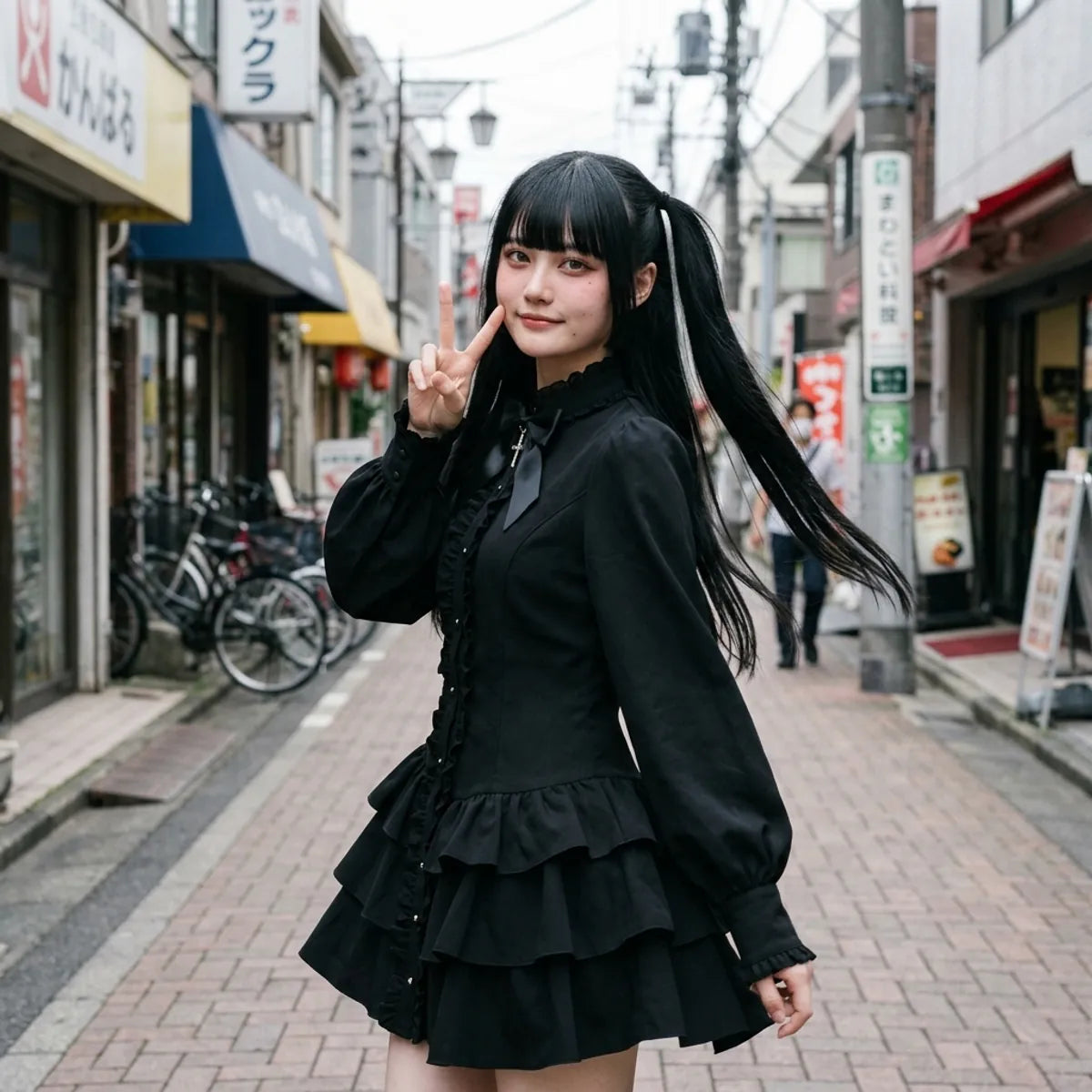 Harajuku goth street style, the puffed sleeves and the ruffled tiers caught in movement